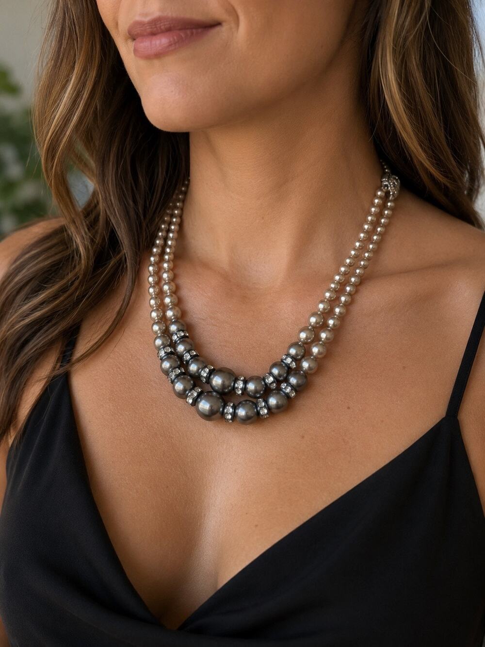 Vintage Double Strand Faux Pearl Necklace Rhinestone Silver Tone
